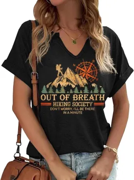 Women's V-Neck Outdoors Shirt Funny Camping Mountain Hiking Nature Lovers Adventure Graphic Tees Tops