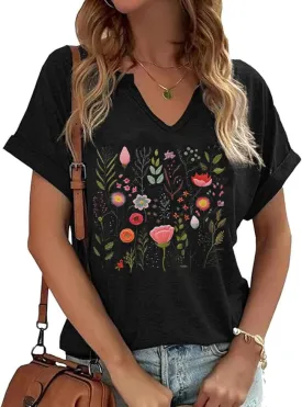 Womens Vintage Flowers V Neck Printed Shirt Funny Boho Flower Graphic Tee Casual Wildflower Botanical Short Sleeve