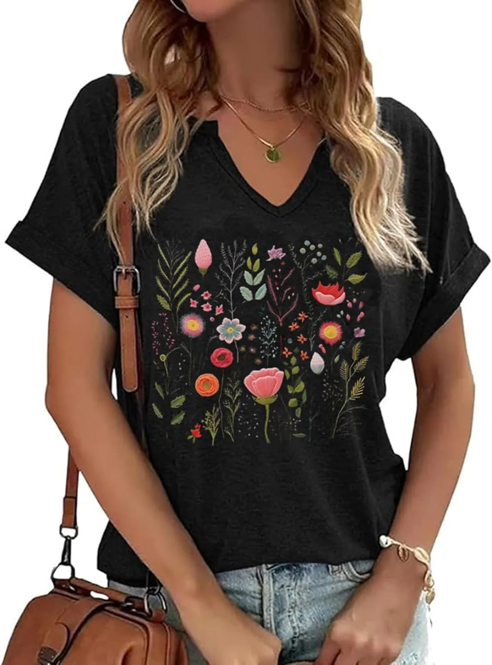 Womens Vintage Flowers V Neck Printed Shirt Funny Boho Flower Graphic Tee Casual Wildflower Botanical Short Sleeve