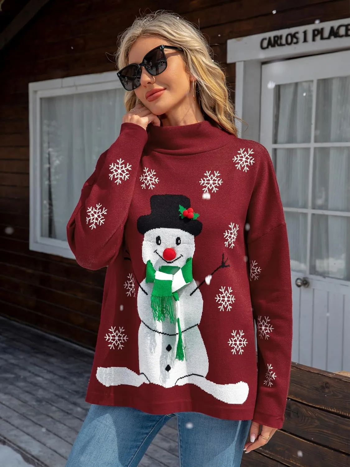 YI XIANG RAN Women's Ugly Christmas Graphic Sweater - Merry Christmas Knit Pullover Turtleneck Oversized Top