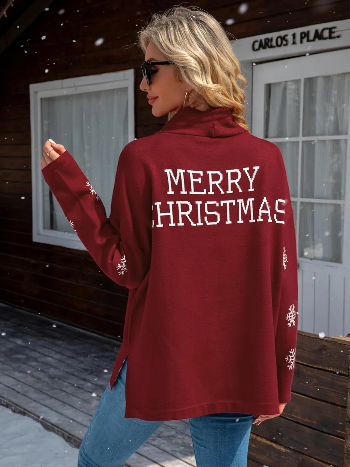 YI XIANG RAN Women's Ugly Christmas Graphic Sweater - Merry Christmas Knit Pullover Turtleneck Oversized Top