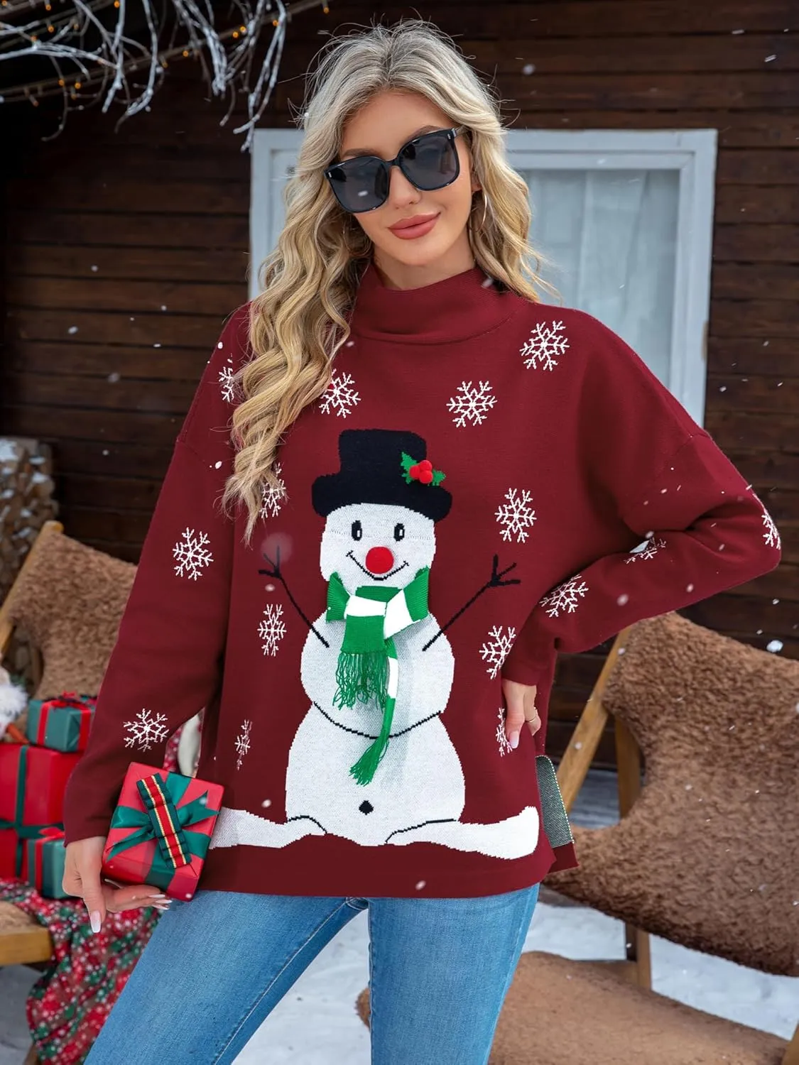 YI XIANG RAN Women's Ugly Christmas Graphic Sweater - Merry Christmas Knit Pullover Turtleneck Oversized Top