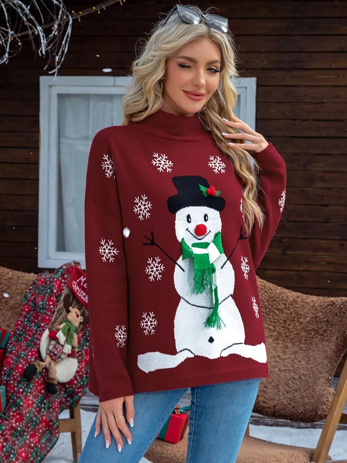 YI XIANG RAN Women's Ugly Christmas Graphic Sweater - Merry Christmas Knit Pullover Turtleneck Oversized Top