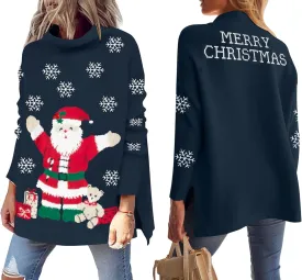 YI XIANG RAN Women's Ugly Christmas Graphic Sweater - Merry Christmas Knit Pullover Turtleneck Oversized Top