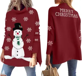YI XIANG RAN Women's Ugly Christmas Graphic Sweater - Merry Christmas Knit Pullover Turtleneck Oversized Top