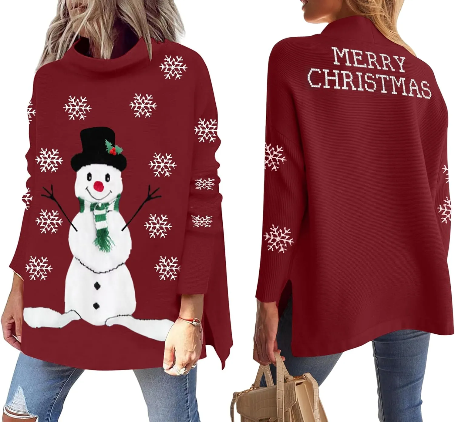 YI XIANG RAN Women's Ugly Christmas Graphic Sweater - Merry Christmas Knit Pullover Turtleneck Oversized Top