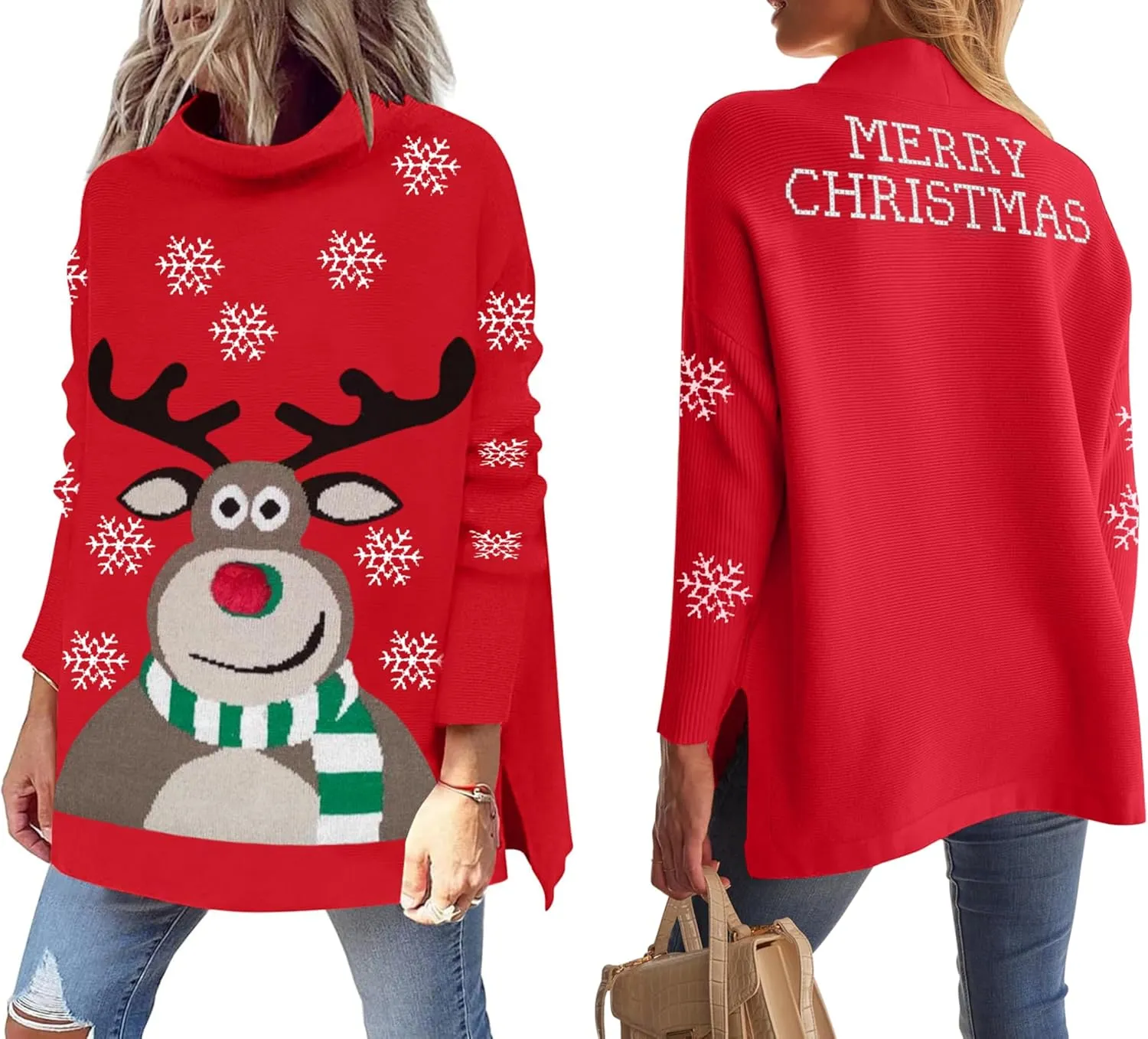 YI XIANG RAN Women's Ugly Christmas Graphic Sweater - Merry Christmas Knit Pullover Turtleneck Oversized Top