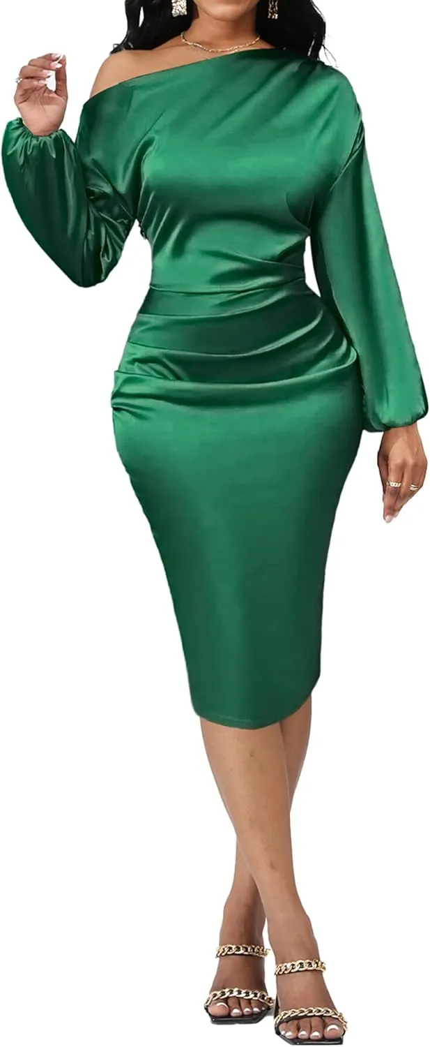 Yiershu Women's Sexy Fall Off Shoulder Bodycon Dress Elegant Long Sleeve Formal Cocktail Party Midi Maxi Dresses